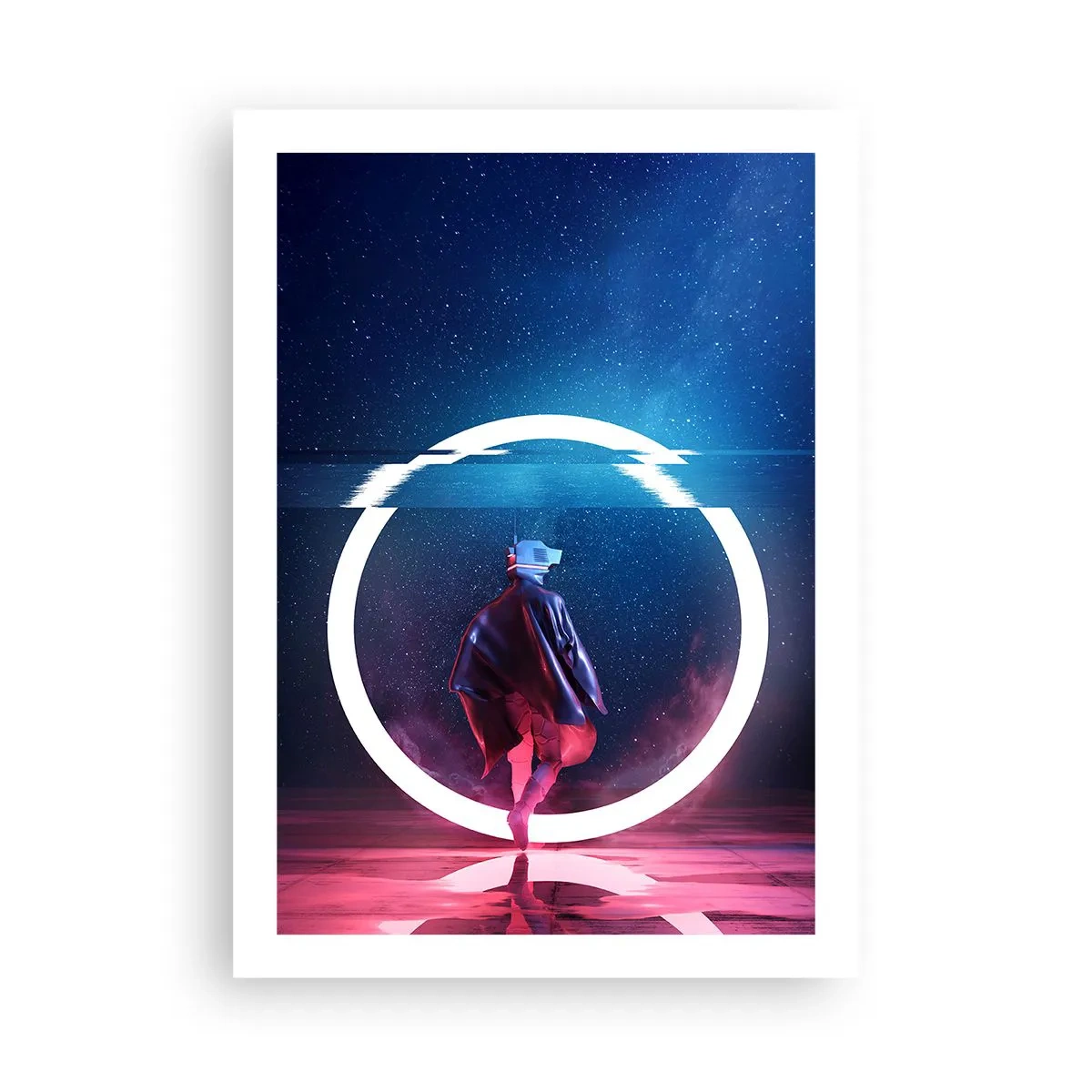 Affiche - Poster - Une silhouette dans une tenue futuriste et des lunettes VR sur fond de cercle de lumière - 50x70cm - Entre deux mondes - Décoration murale moderne pour le salon et la chambre ARTTOR