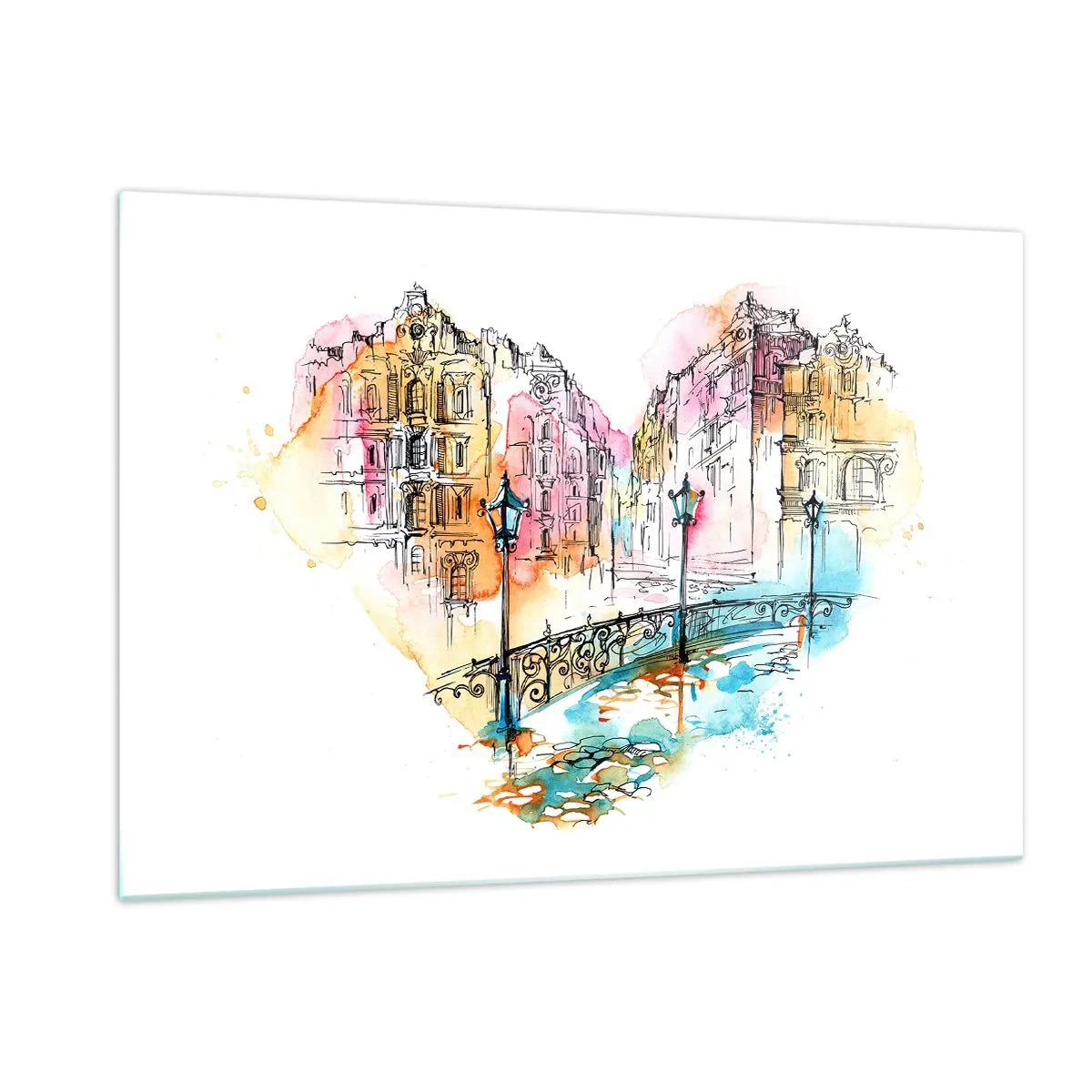 Impression sur verre - Image sur verre - Maisons romantiques avec un pont en forme de cœur, aquarelle - 120x80cm - Le coeur de la ville - Décoration murale moderne pour le salon et la chambre ARTTOR