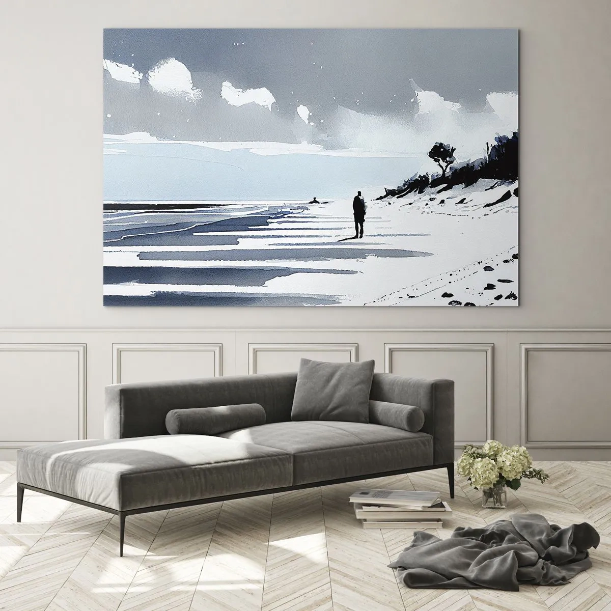 Impression sur verre - Image sur verre - Silhouette d'une personne solitaire marchant sur une plage déserte - 120x80cm - Seul à seul - Décoration murale moderne pour le salon et la chambre ARTTOR