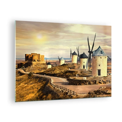 Impression sur verre - Image sur verre - Moulins à vent et château dans le paysage au coucher du soleil - 70x50cm - Don Quichotte est sur le point d'arriver - Décoration murale moderne pour le salon et la chambre ARTTOR