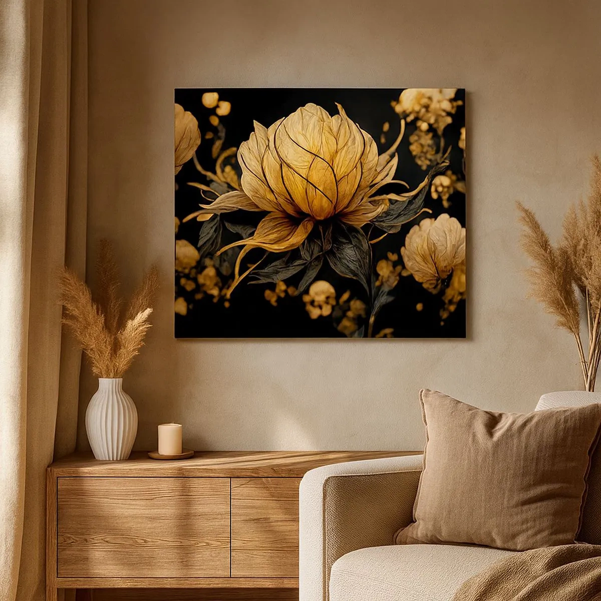 Impression sur toile - Image sur toile - Fleur dorée sur fond sombre - 70x50cm - Fragilité subtile - Décoration murale moderne pour le salon et la chambre ARTTOR
