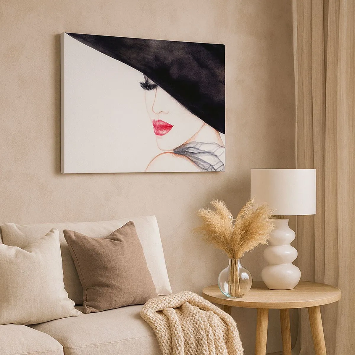 Impression sur toile - Image sur toile - Une illustration subtile d'une femme portant un chapeau noir et des lèvres rouges - 70x50cm - Élégance et sensualité - Décoration murale moderne pour le salon et la chambre ARTTOR