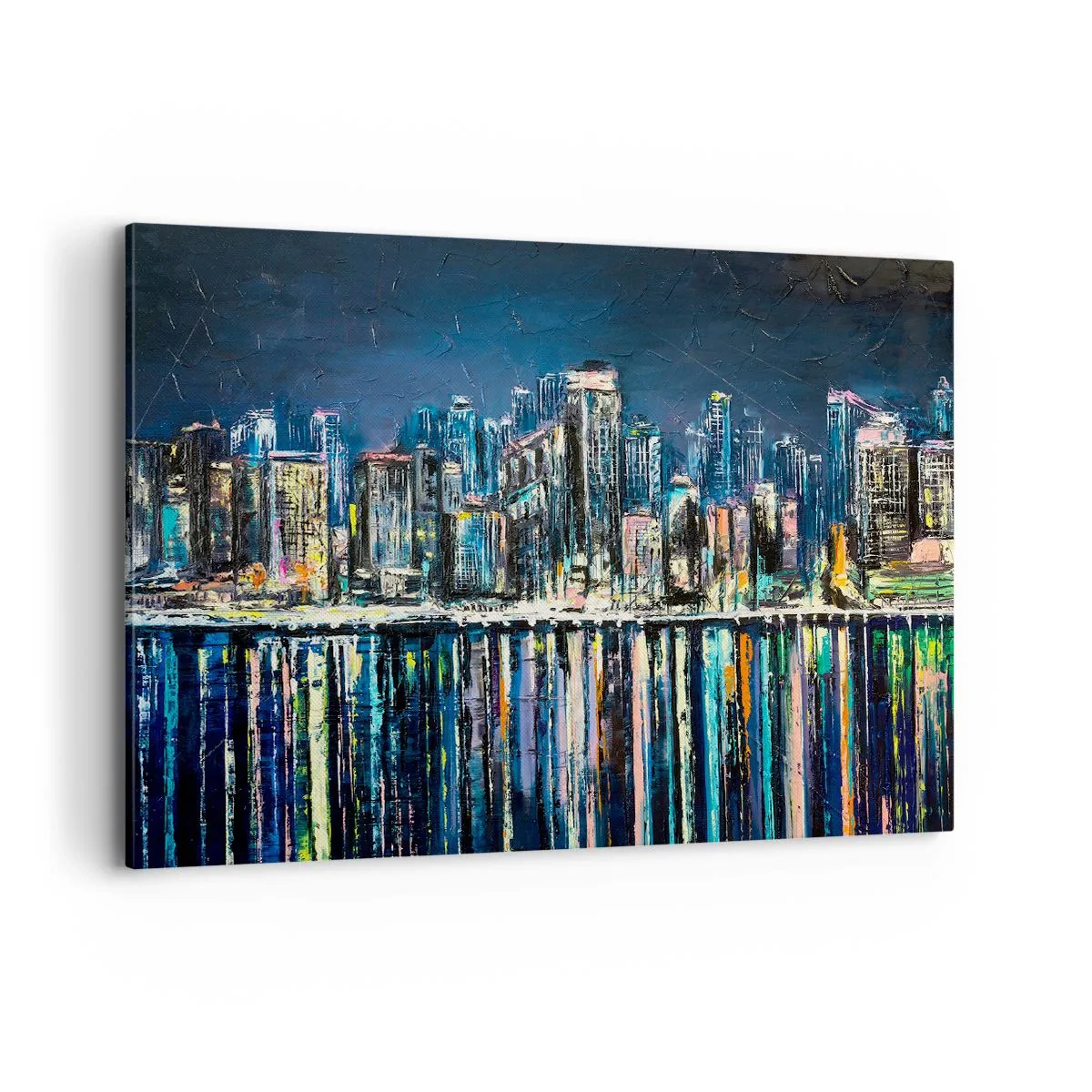 Impression sur toile - Image sur toile - Panorama de la ville nocturne reflétée dans l'eau - 100x70cm - Cascade de lumières - Décoration murale moderne pour le salon et la chambre ARTTOR