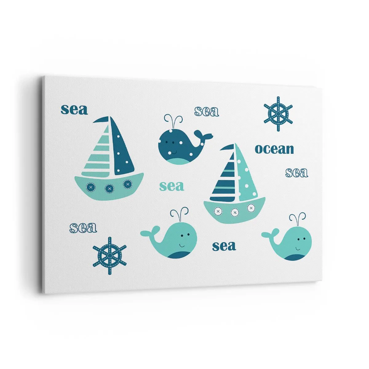 Impression sur toile - Image sur toile - Charmants motifs nautiques avec des baleines et des voiliers - 100x70cm - À travers les mers et les océans - Décoration murale moderne pour le salon et la chambre ARTTOR