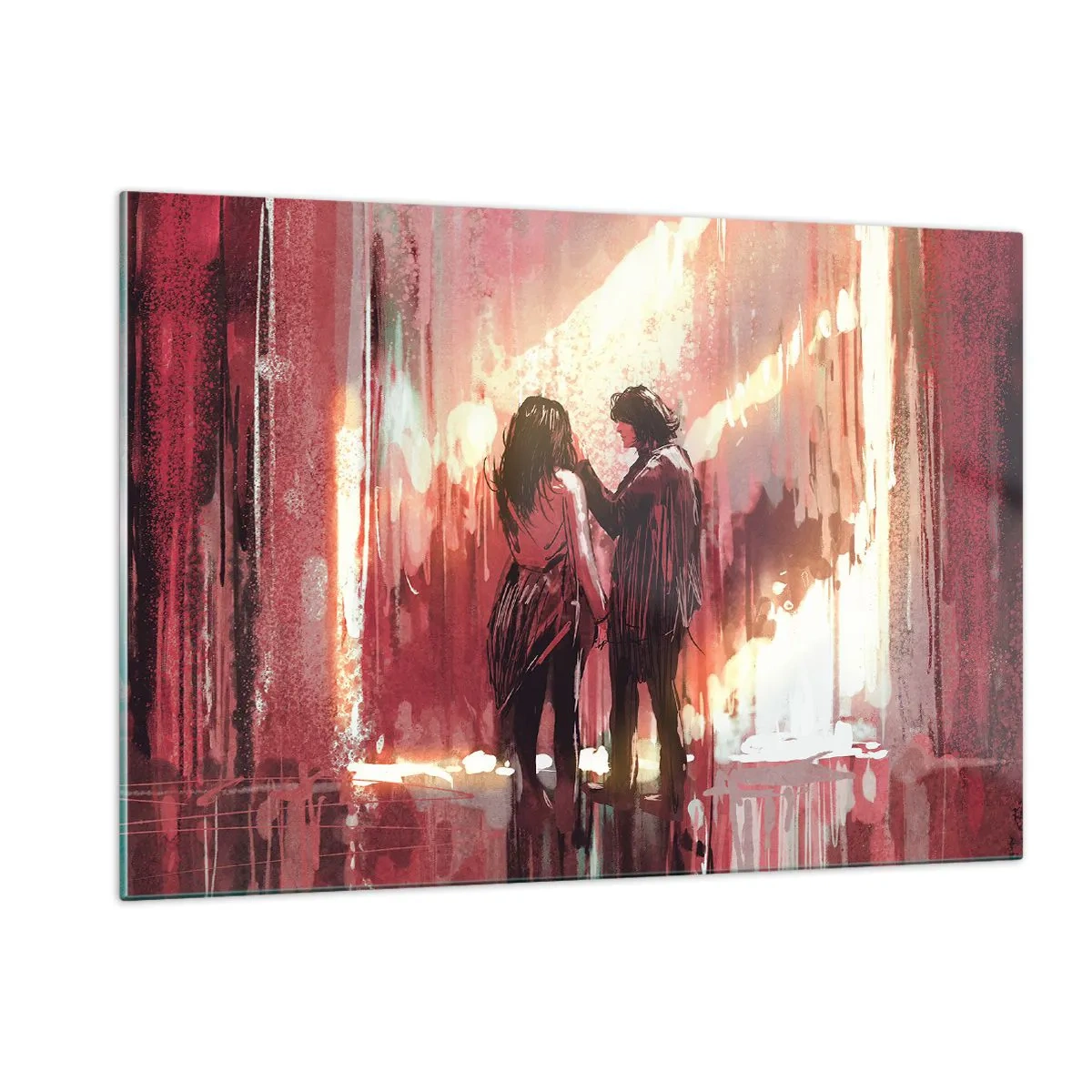 Impression sur verre - Image sur verre - Un couple dans la lumière chaleureuse d'un décor abstrait - 120x80cm - L'éternel spectacle de l'amour - Décoration murale moderne pour le salon et la chambre ARTTOR