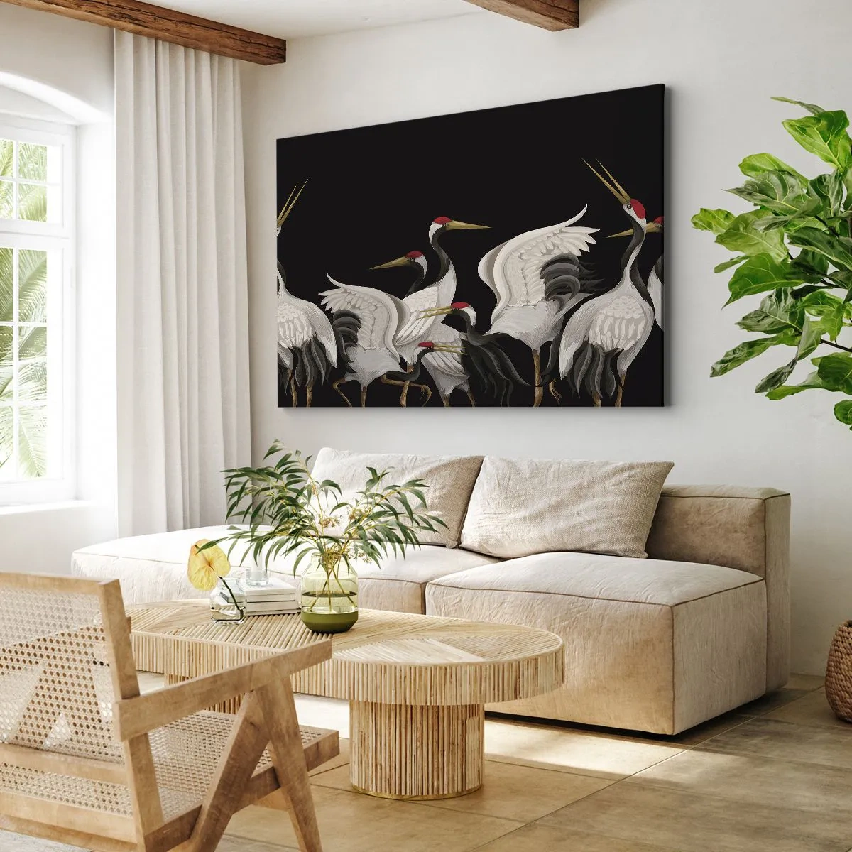 Impression sur toile - Image sur toile - Grues blanches avec des accents rouges sur fond noir - 70x50cm - Histoire d'oiseaux - Décoration murale moderne pour le salon et la chambre ARTTOR