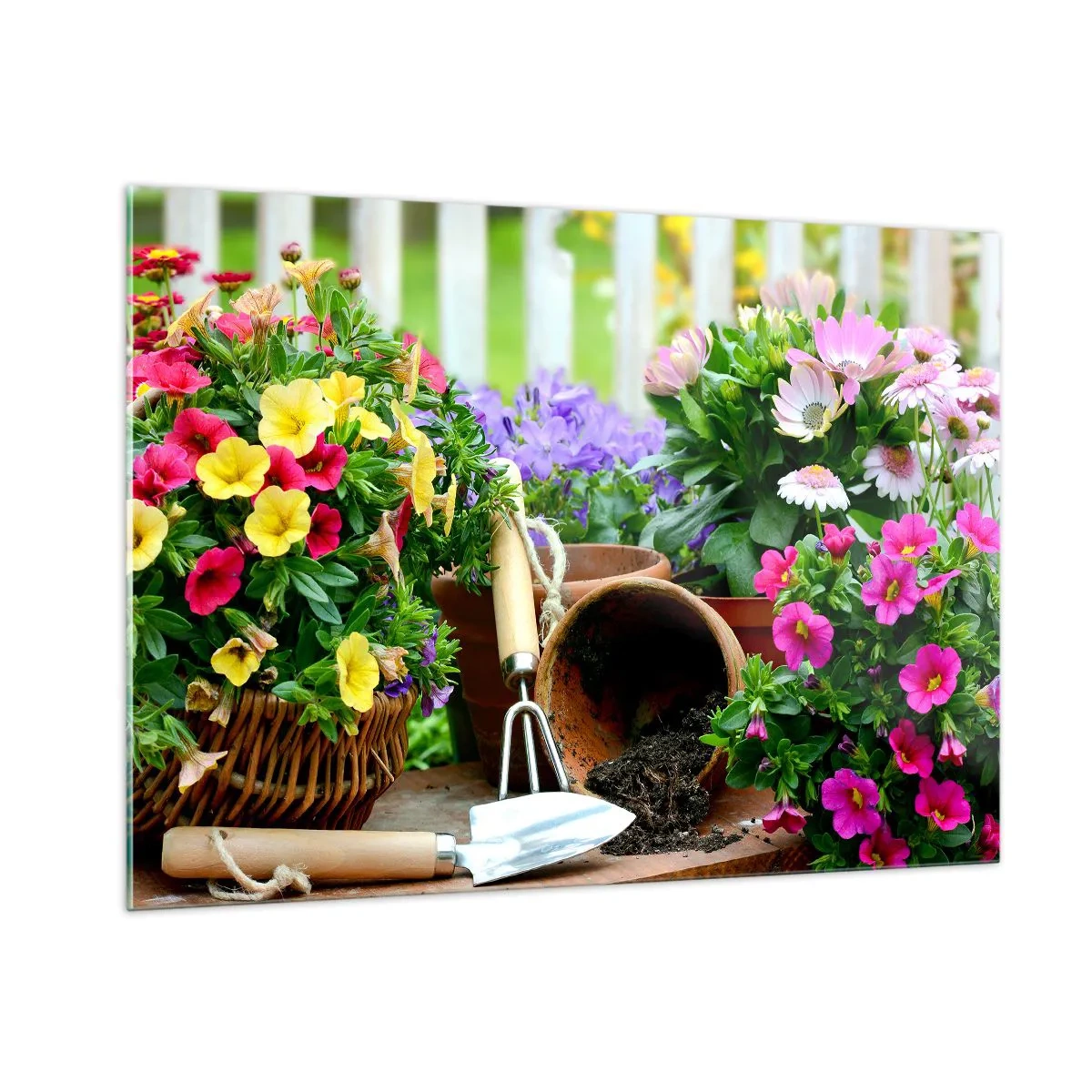 Impression sur verre - Image sur verre - Fleurs colorées dans des pots avec des outils de jardinage - 100x70cm - Le jardin de Zosia - Décoration murale moderne pour le salon et la chambre ARTTOR