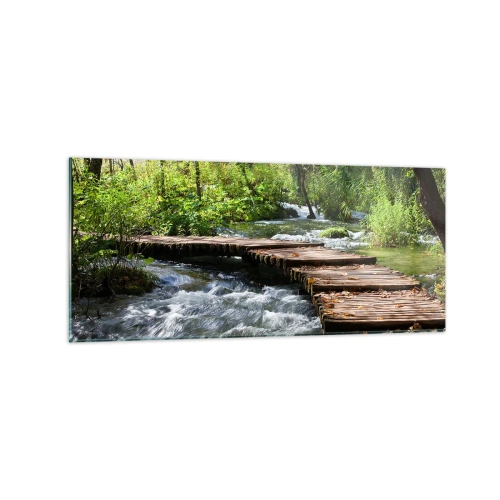 Impression sur verre - Image sur verre - Un pont en bois sur un ruisseau tumultueux entouré par la verdure de la forêt. - 120x50cm - Au-dessus de la cascade mousseuse - Décoration murale moderne pour le salon et la chambre ARTTOR