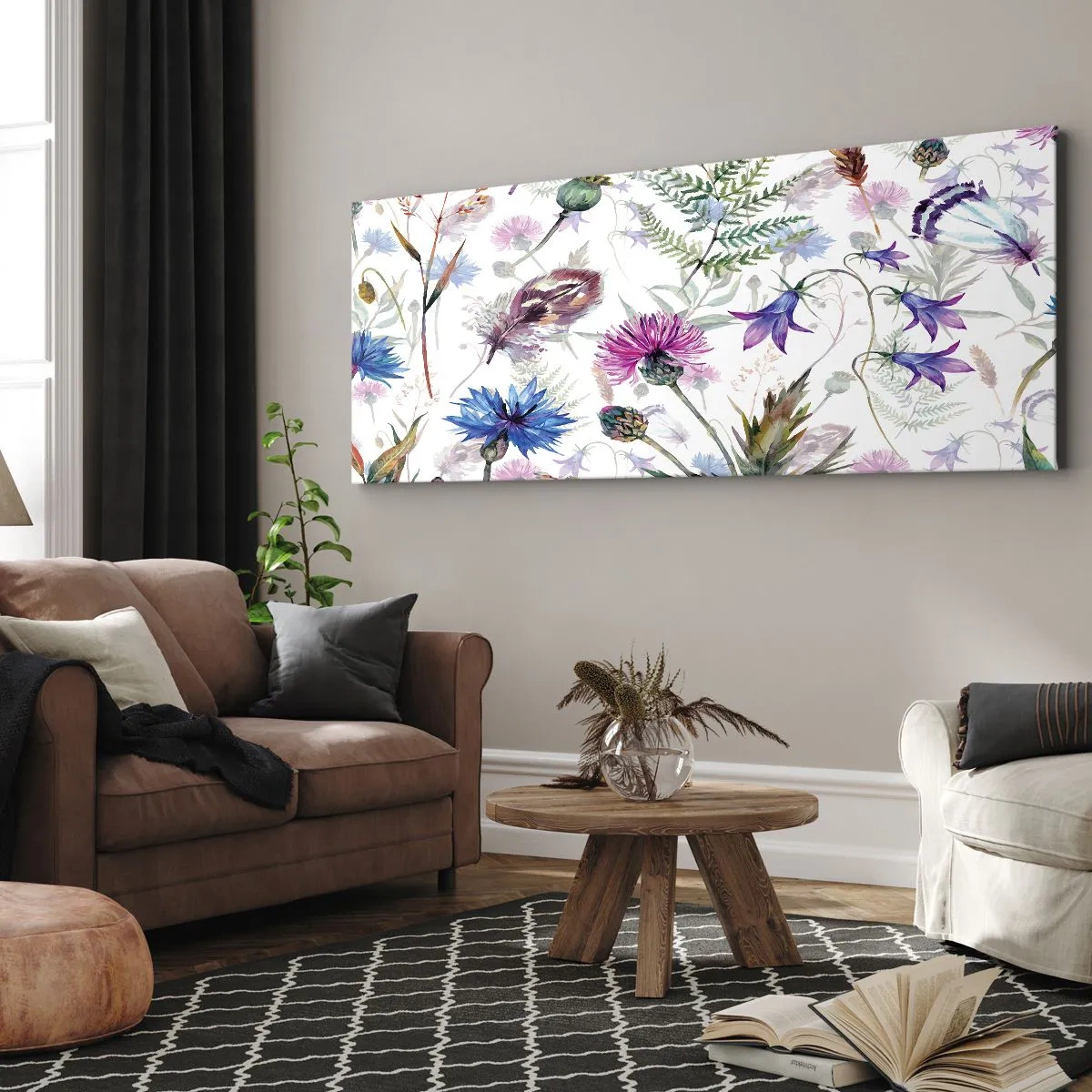 Impression sur toile - Image sur toile - Fleurs et herbes à l'aquarelle sur fond blanc dans le style herbier - 140x50cm - Herbier polonais - Décoration murale moderne pour le salon et la chambre ARTTOR