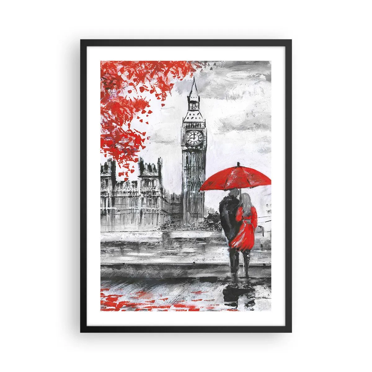 Affiche dans un cadre noir - Poster - Une silhouette avec un parapluie rouge devant Big Ben à Londres - 50x70cm - Amoureux de Londres - Décoration murale moderne pour le salon et la chambre ARTTOR