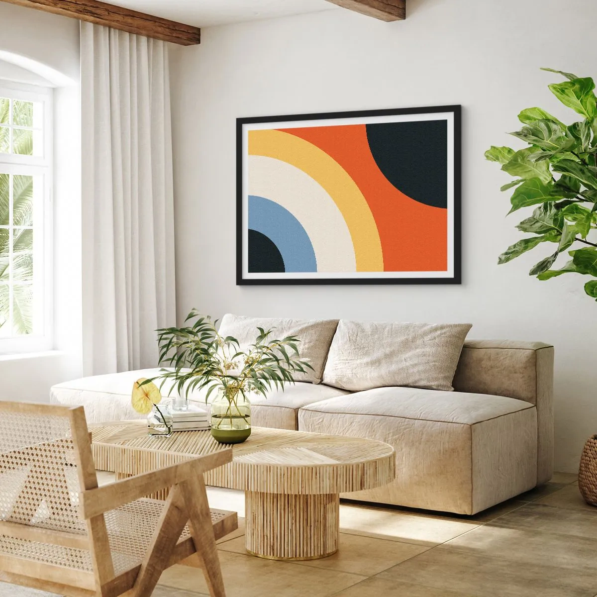 Affiche dans un cadre noir - Poster - Œuvre d'art abstraite avec des arcs colorés et des cercles contrastés - 100x70cm - Vers son soi - Décoration murale moderne pour le salon et la chambre ARTTOR