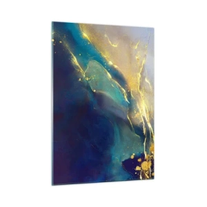 Impression sur verre - Image sur verre - Une composition abstraite dans les tons bleu marine, turquoise et or - 50x70cm - Coulée d'or - Décoration murale moderne pour le salon et la chambre ARTTOR