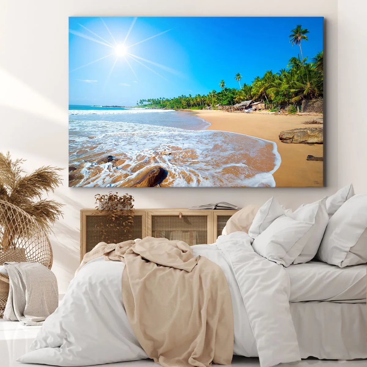 Impression sur toile - Image sur toile - Plage tropicale avec palmiers et ciel bleu - 120x80cm - Un endroit exotique pour vous - Décoration murale moderne pour le salon et la chambre ARTTOR