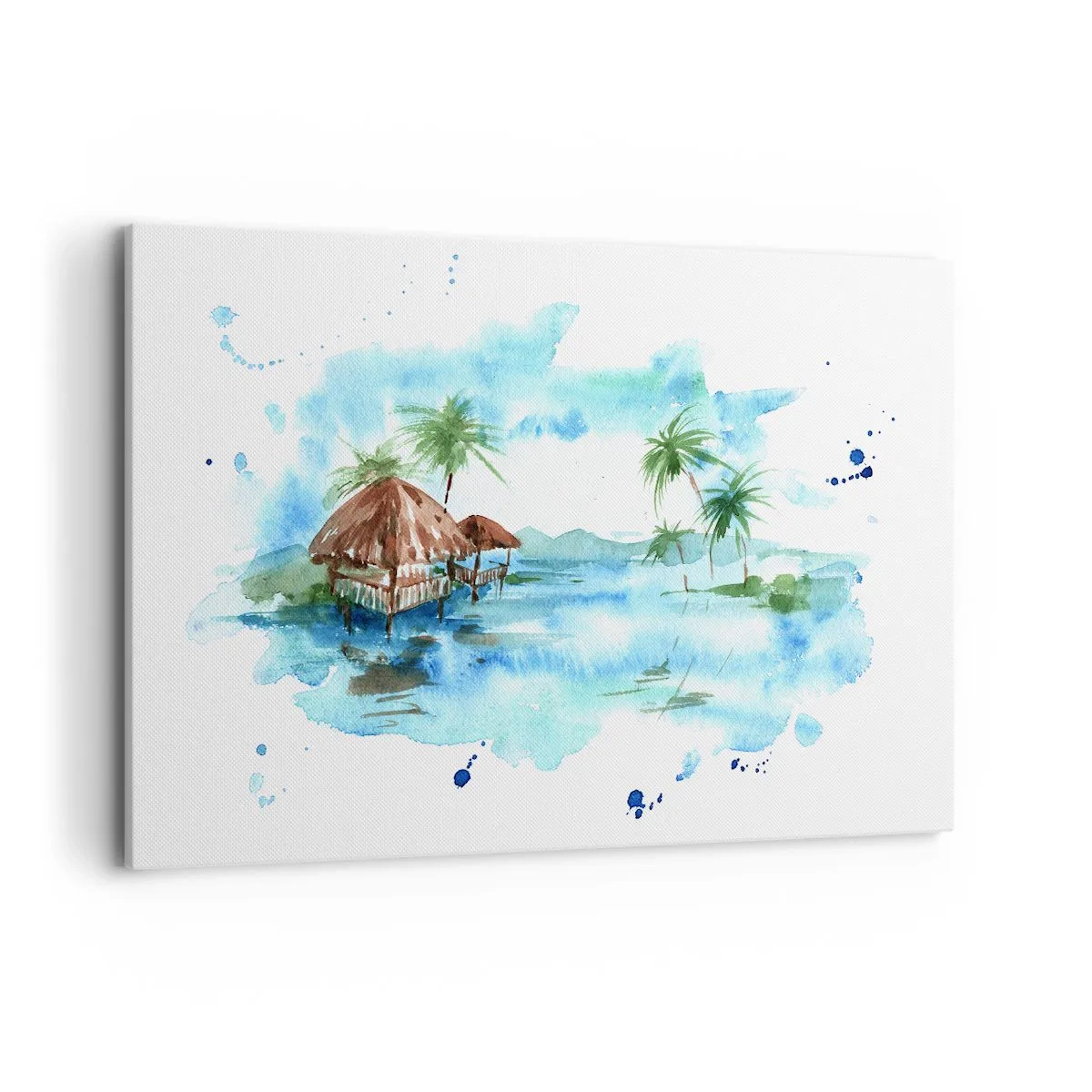 Impression sur toile - Image sur toile - Aquarelle représentant un paysage tropical avec des maisons et des palmiers - 120x80cm - Quelque part dans le Pacifique - Décoration murale moderne pour le salon et la chambre ARTTOR
