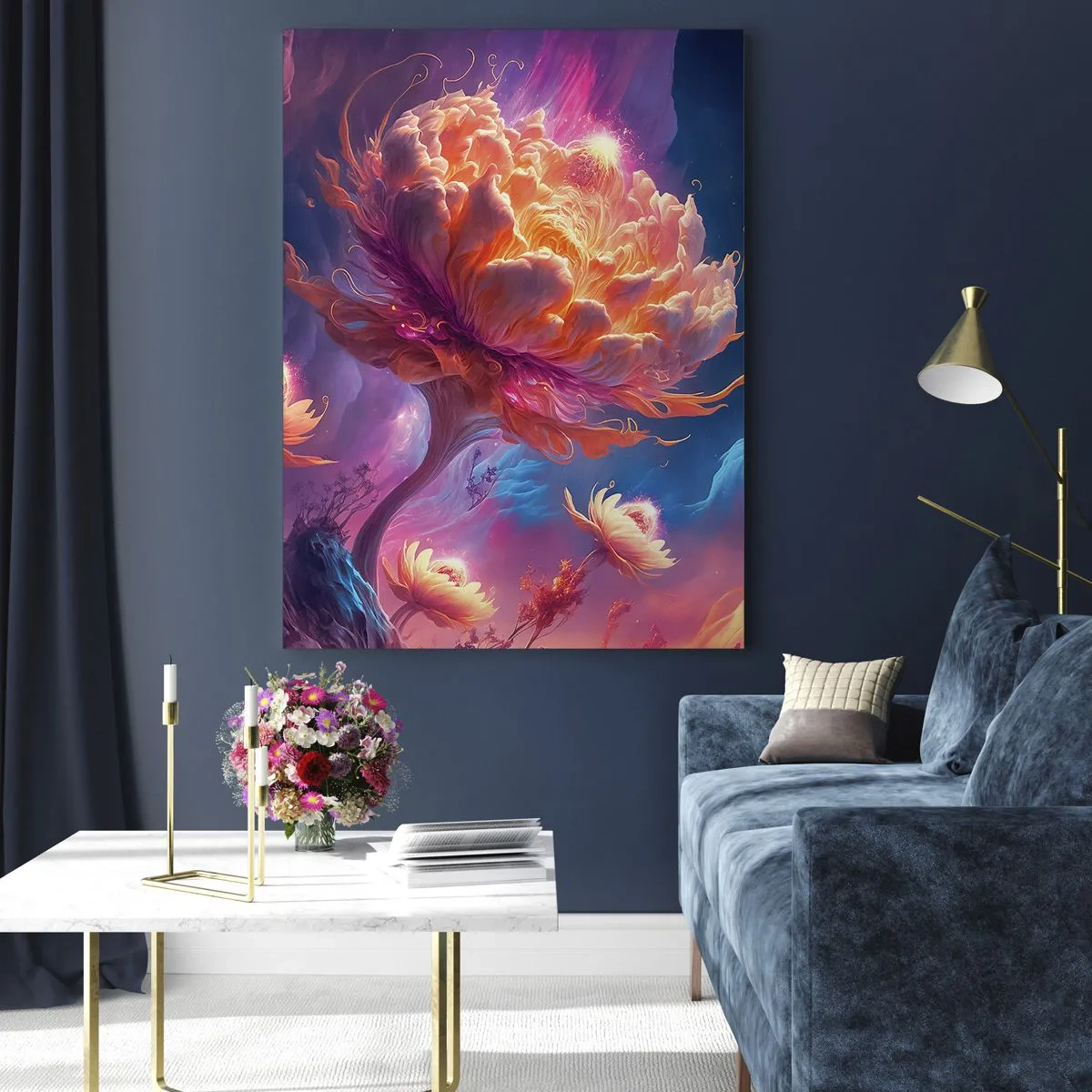 Impression sur verre - Image sur verre - Fleurs fantastiques dans un paysage cosmique - 80x120cm - Un autre monde - Décoration murale moderne pour le salon et la chambre ARTTOR
