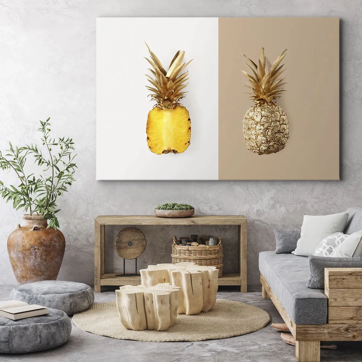 Impression sur toile - Image sur toile - La moitié d'un ananas frais et doré sur un fond contrasté - 120x80cm - Ananas pour nous - Décoration murale moderne pour le salon et la chambre ARTTOR