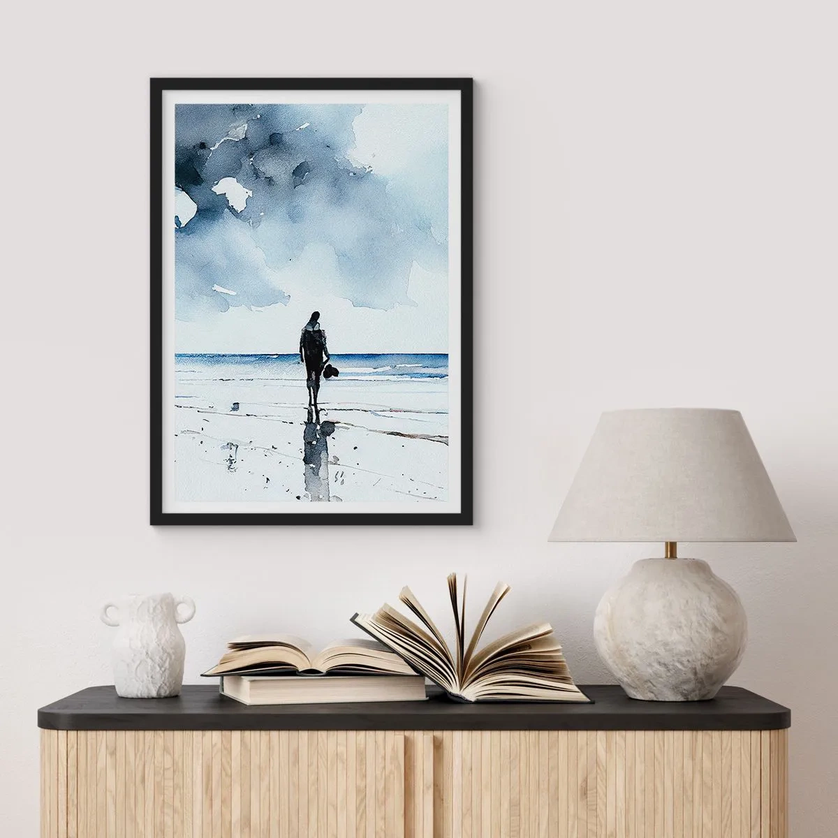 Affiche dans un cadre noir - Poster - Paysage à l'aquarelle avec une figure sur la plage - 50x70cm - Conversation avec la mer - Décoration murale moderne pour le salon et la chambre ARTTOR