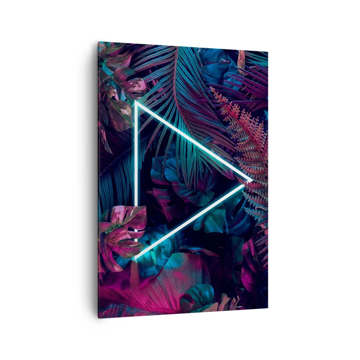 Impression sur toile - Image sur toile - Un triangle néon entouré de feuilles tropicales aux couleurs sombres. - 70x100cm - Jardin de style disco - Décoration murale moderne pour le salon et la chambre ARTTOR