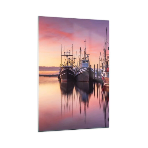 Impression sur verre - Image sur verre - Bateaux de pêche dans le port au coucher du soleil - 70x100cm - Avant le jour suivant - Décoration murale moderne pour le salon et la chambre ARTTOR