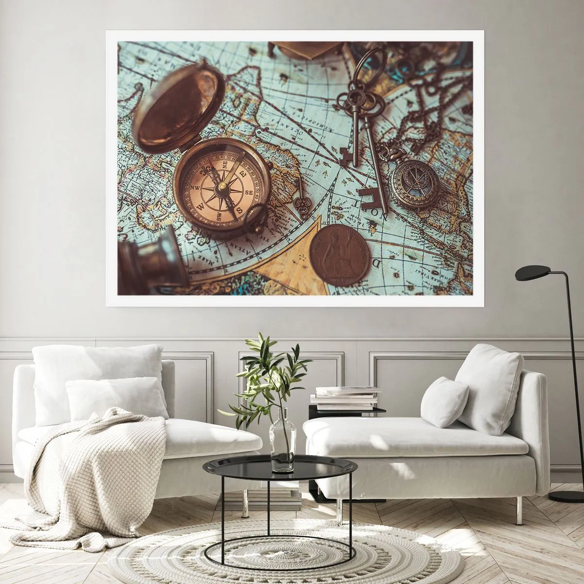 Affiche - Poster - Composition avec une boussole, des clés et une vieille carte dans un style rétro - 100x70cm - Pour ceux qui recherche l'aventure - Décoration murale moderne pour le salon et la chambre ARTTOR