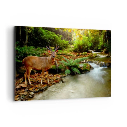 Impression sur toile - Image sur toile - Un cerf près d'un ruisseau entouré de verdure dans la forêt - 120x80cm - Bienvenue dans mon monde - Décoration murale moderne pour le salon et la chambre ARTTOR