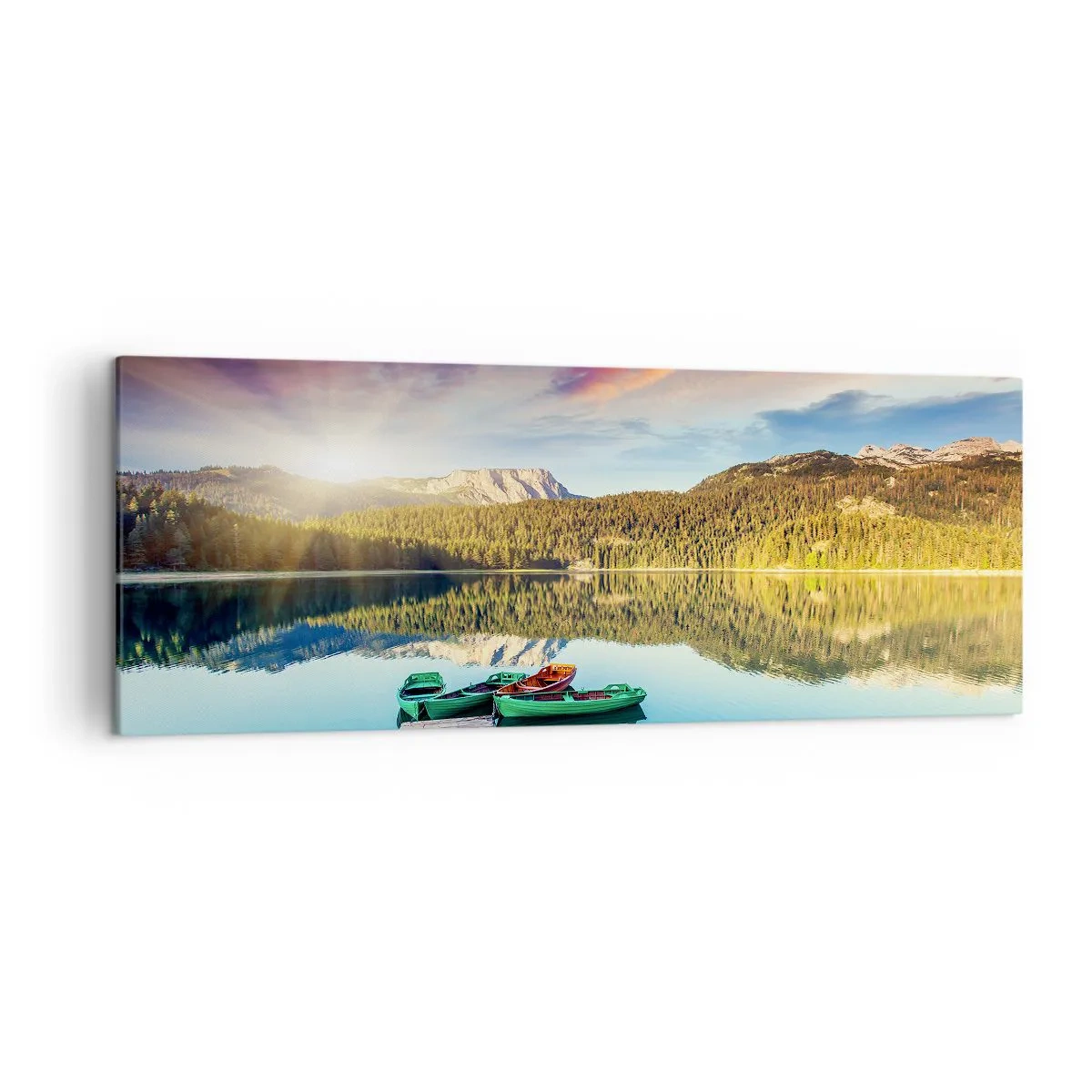 Impression sur toile - Image sur toile - Coucher de soleil sur le lac avec des bateaux à l'embarcadère - 140x50cm - Aussi lisse qu'un miroir au-dessus de l'eau - Décoration murale moderne pour le salon et la chambre ARTTOR