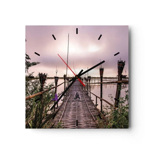 Horloge murale - Pendule murale - Pont de bambou sur l'eau à l'aube - 30x30cm - Le silence et le calme d'Asie - Décoration murale moderne pour le salon et la chambre ARTTOR