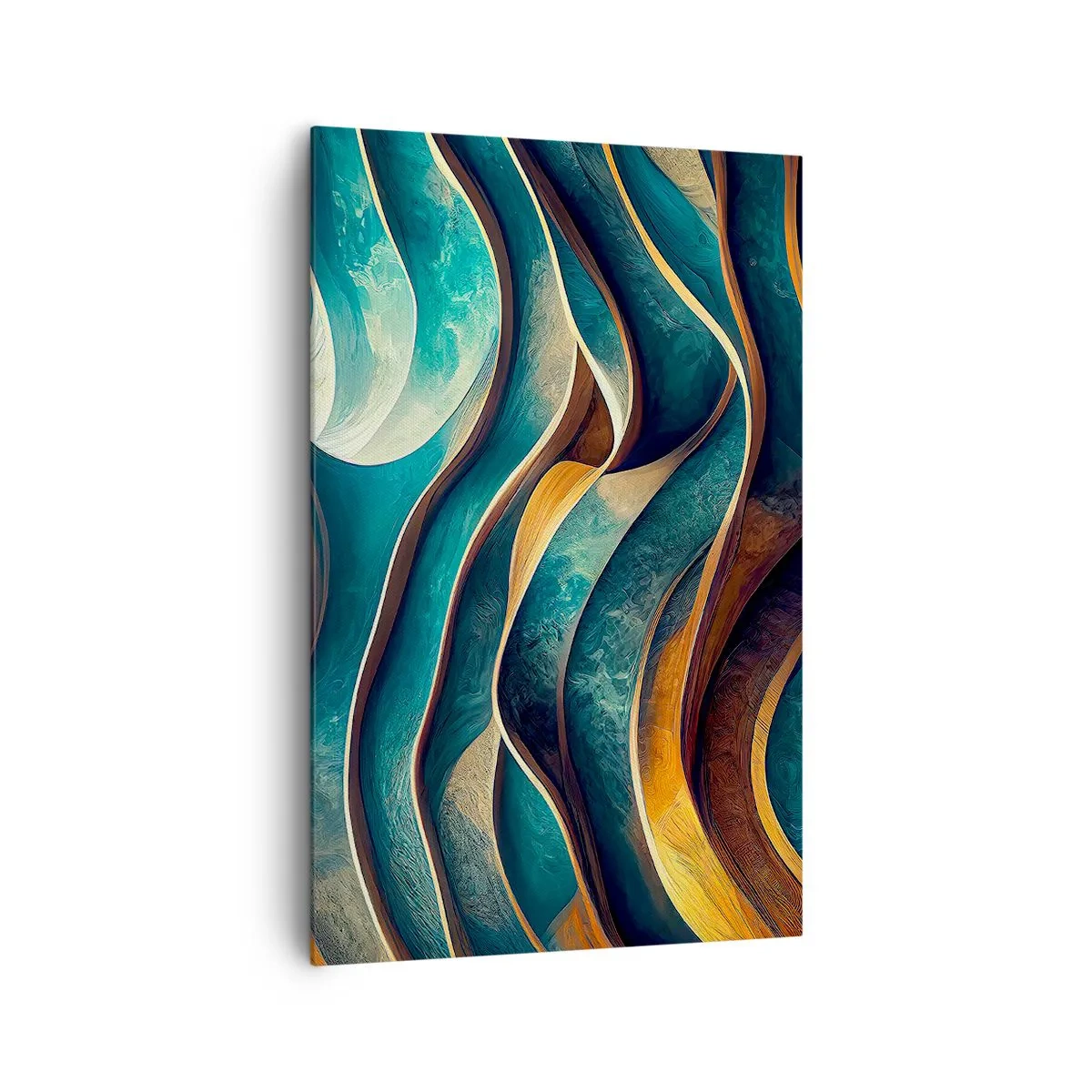 Impression sur toile - Image sur toile - Vagues abstraites dans des tons turquoise et or - 80x120cm - Méandres de bleu - Décoration murale moderne pour le salon et la chambre ARTTOR