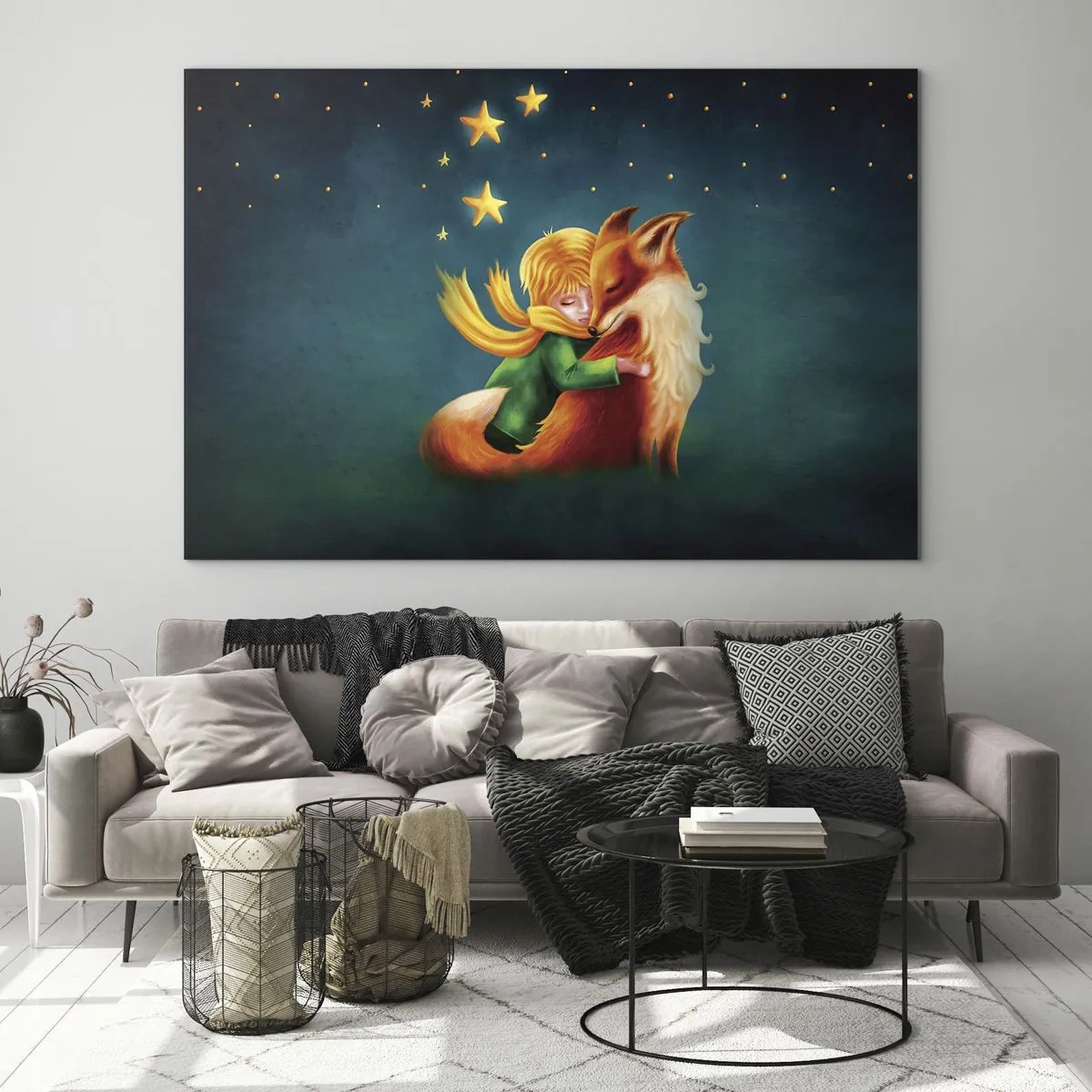 Impression sur verre - Image sur verre - Le Petit Prince serrant un renard dans ses bras sous un ciel étoilé - 100x70cm - Petit Prince - Décoration murale moderne pour le salon et la chambre ARTTOR