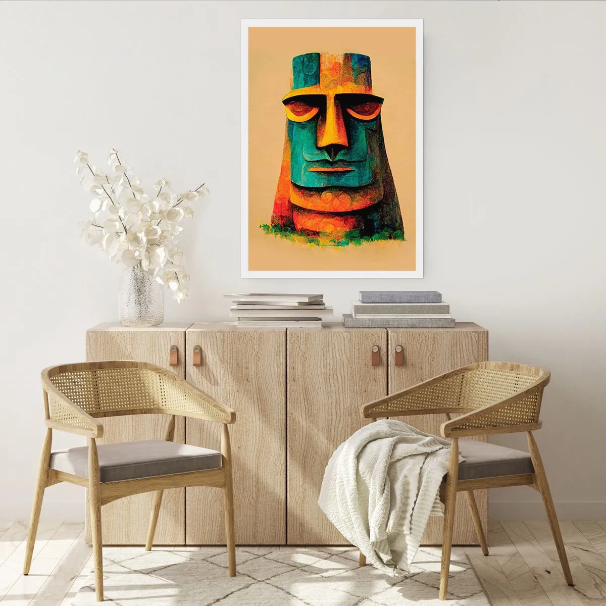 Affiche - Poster - Une interprétation colorée d'une statue Moai sur fond beige - 50x70cm - Statuesque et sympathique - Décoration murale moderne pour le salon et la chambre ARTTOR