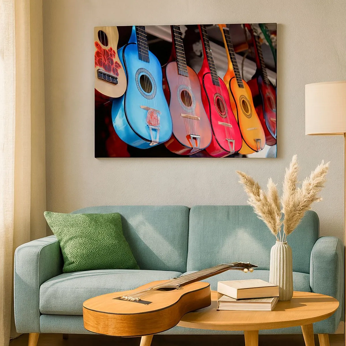 Impression sur toile - Image sur toile - Des guitares acoustiques colorées sont accrochées en rangée dans une exposition - 70x50cm - Ambiance latine - Décoration murale moderne pour le salon et la chambre ARTTOR