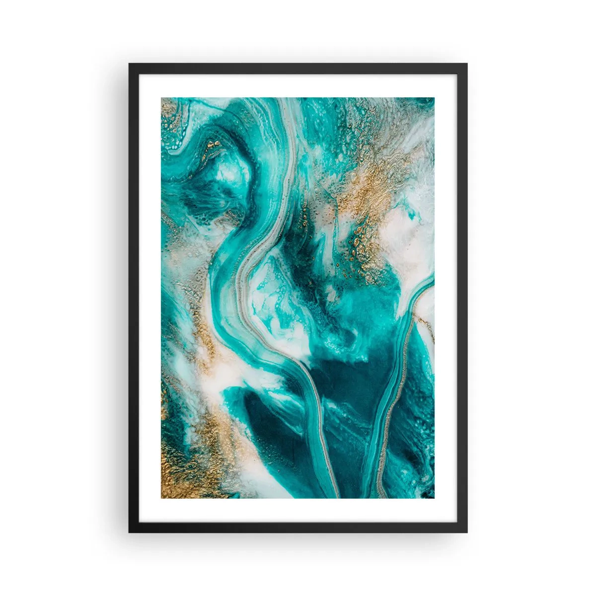 Affiche dans un cadre noir - Poster - Une composition abstraite dans des tons turquoise et or. - 50x70cm - Rivière d'or - Décoration murale moderne pour le salon et la chambre ARTTOR