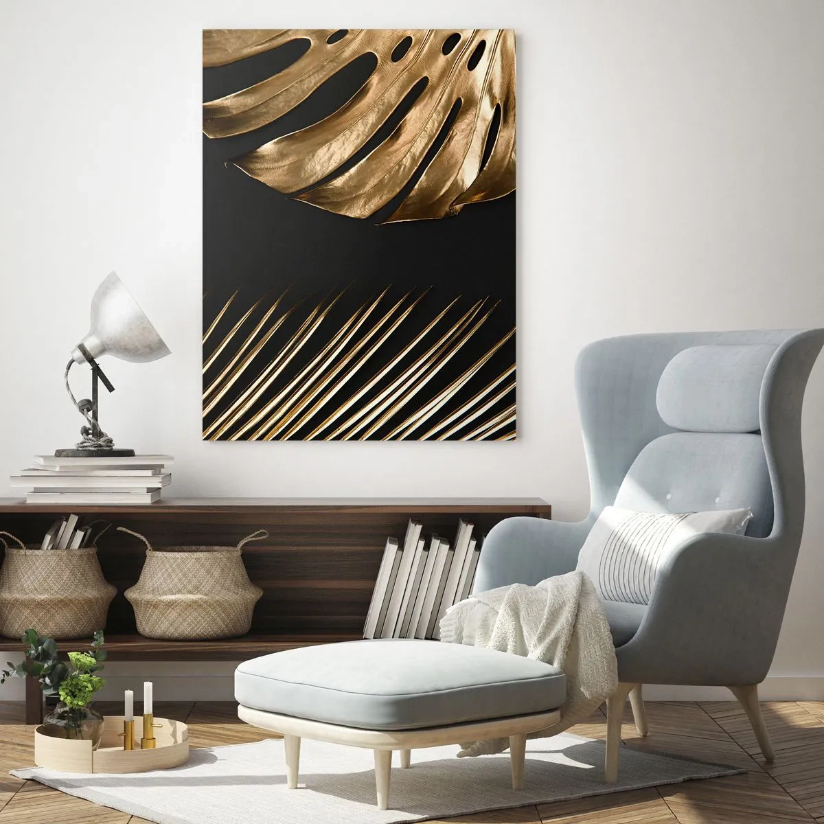 Impression sur verre - Image sur verre - Feuilles de palmier dorées et monsteras sur fond noir - 50x70cm - Différent et tout aussi cher - Décoration murale moderne pour le salon et la chambre ARTTOR