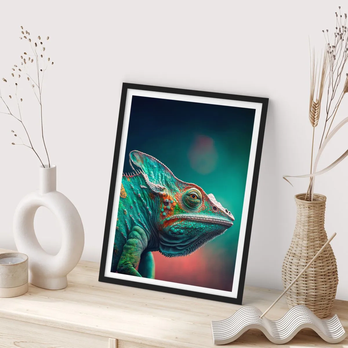 Affiche dans un cadre noir - Poster - Un caméléon coloré sur un fond saisissant - 50x70cm - Vous me voyez? Pas bien… - Décoration murale moderne pour le salon et la chambre ARTTOR
