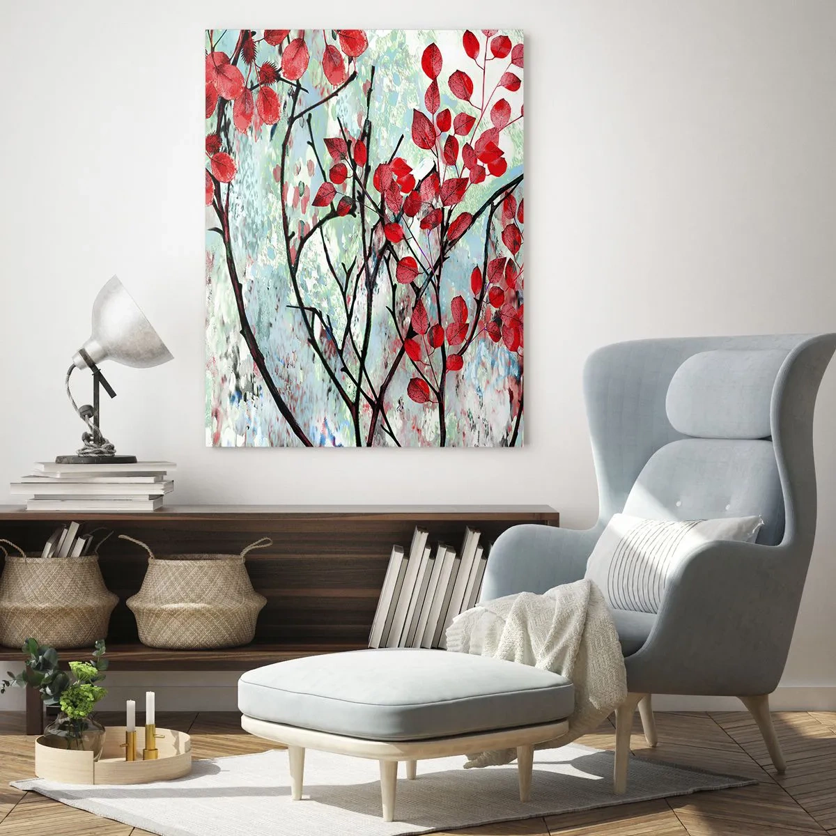 Impression sur verre - Image sur verre - Branches avec des feuilles rouges sur un fond peint - 50x70cm - Arbre en écarlate - Décoration murale moderne pour le salon et la chambre ARTTOR
