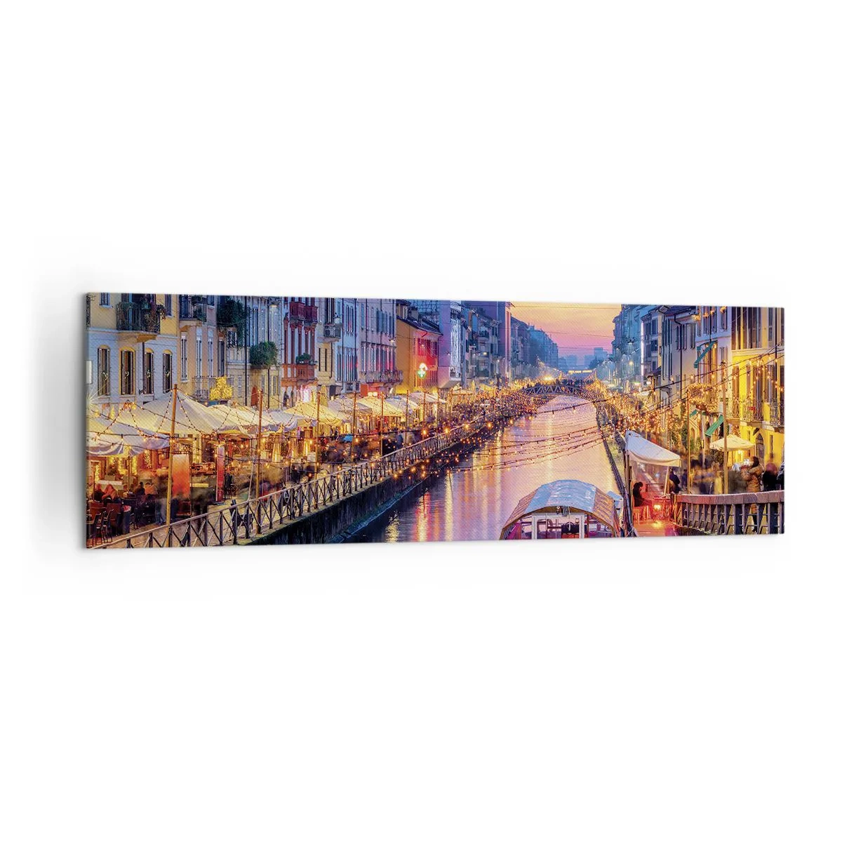 Impression sur toile - Image sur toile - Un canal éclairé entouré de bâtiments colorés - 160x50cm - Soirée de lumière et de jeu - Décoration murale moderne pour le salon et la chambre ARTTOR