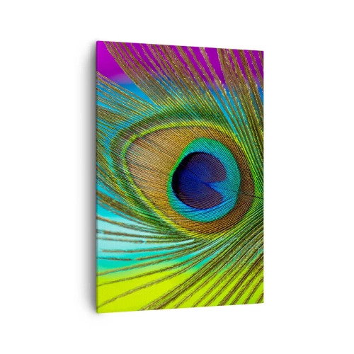 Impression sur toile - Image sur toile - Gros plan d'une plume de paon aux couleurs vives - 70x100cm - Les yeux dans les yeux - Décoration murale moderne pour le salon et la chambre ARTTOR