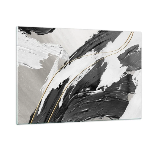 Impression sur verre - Image sur verre - Traits dynamiques en noir et blanc avec une touche dorée - 120x80cm - L'abstraction à grande échelle - Décoration murale moderne pour le salon et la chambre ARTTOR