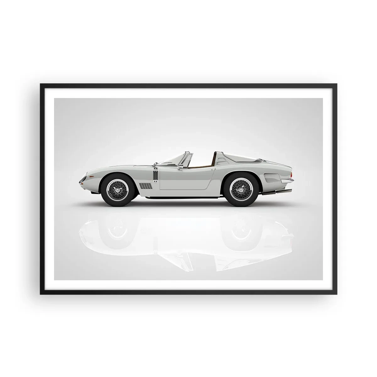 Affiche dans un cadre noir - Poster - Cabriolet blanc classique sur fond clair - 100x70cm - Promesse de plaisir - Décoration murale moderne pour le salon et la chambre ARTTOR