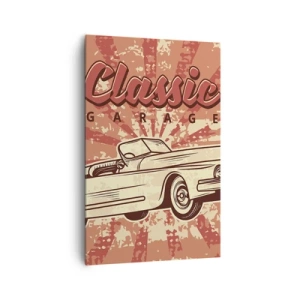 Impression sur toile - Image sur toile - Affiche rétro avec une voiture classique et les mots Classic Garage - 80x120cm - Et à la radio, Elvis - Décoration murale moderne pour le salon et la chambre ARTTOR