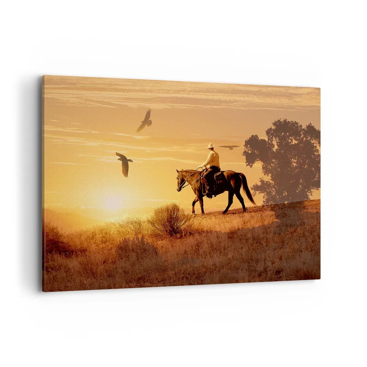 Impression sur toile - Image sur toile - Un cavalier sur un cheval au coucher du soleil contre la prairie - 120x80cm - Seul à travers la prairie - Décoration murale moderne pour le salon et la chambre ARTTOR