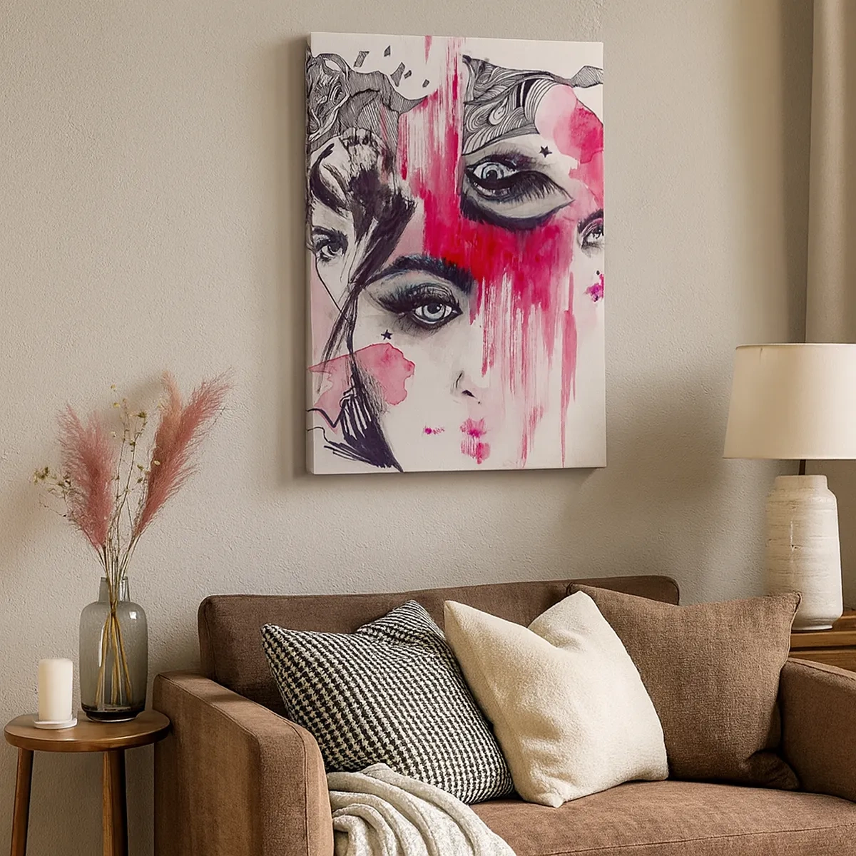 Impression sur toile - Image sur toile - Visage abstrait dans les tons de rose et de noir - 50x70cm - Yeux abstraits - Décoration murale moderne pour le salon et la chambre ARTTOR