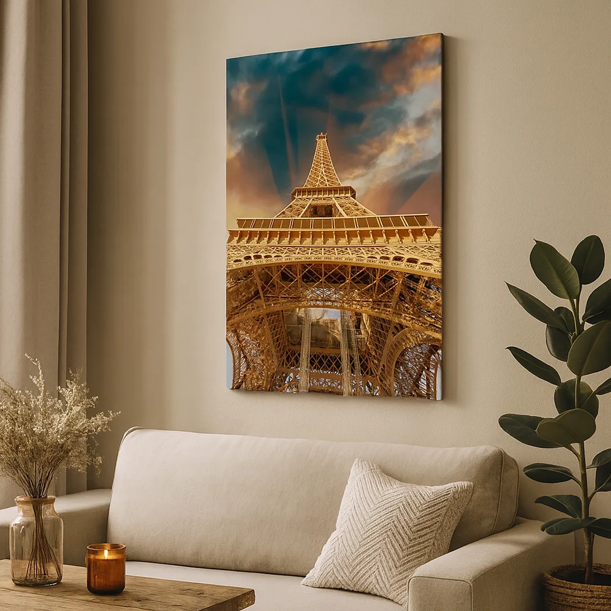 Impression sur toile - Image sur toile - La Tour Eiffel vue d'en bas sur fond de soleil couchant - 50x70cm - Comment l'humanité a atteint le ciel - Décoration murale moderne pour le salon et la chambre ARTTOR