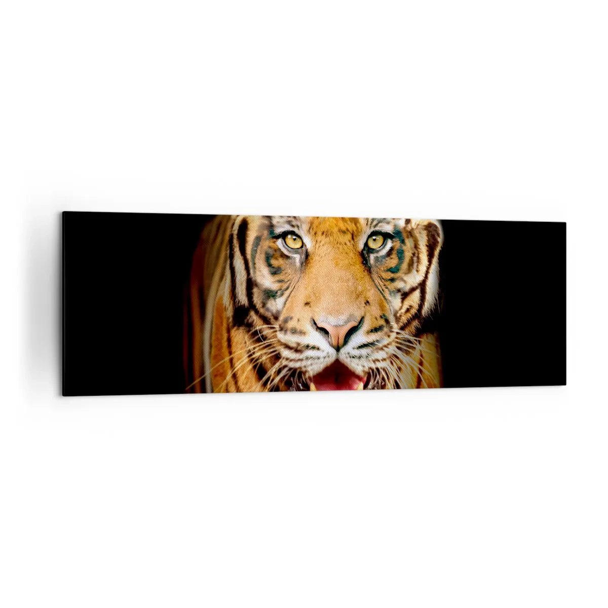 Impression sur toile - Image sur toile - Un tigre avec la gueule ouverte sur un fond noir - 160x50cm - Le coeur sauvageon - Décoration murale moderne pour le salon et la chambre ARTTOR