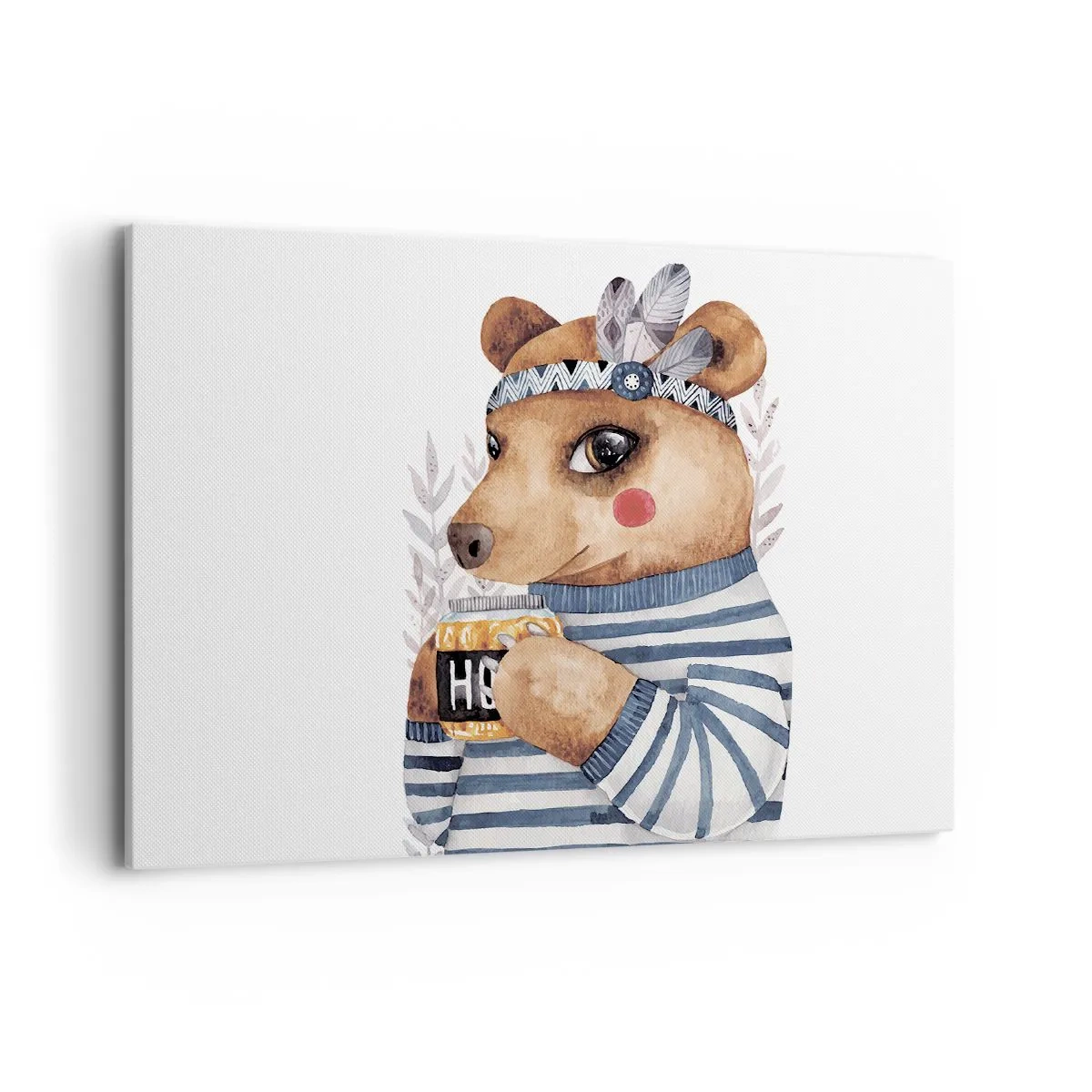 Impression sur toile - Image sur toile - Un ours en peluche dans un pull rayé avec une tasse de miel - 100x70cm - Un nounours trop mignon - Décoration murale moderne pour le salon et la chambre ARTTOR