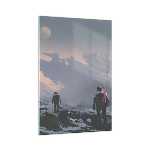 Impression sur verre - Image sur verre - Des astronautes sur une planète extraterrestre avec une épave de vaisseau spatial - 80x120cm - Sous une étoile inconnue - Décoration murale moderne pour le salon et la chambre ARTTOR