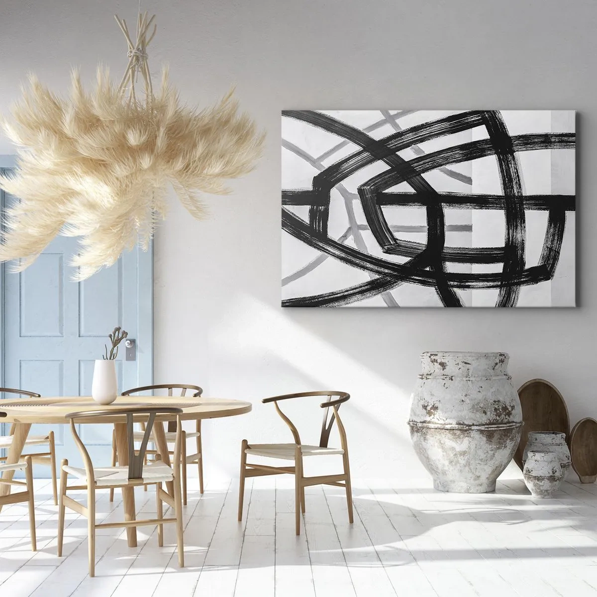 Impression sur toile - Image sur toile - Lignes abstraites noires et blanches se croisant sur un fond clair - 120x80cm - Profondeur du bâtiment - Décoration murale moderne pour le salon et la chambre ARTTOR