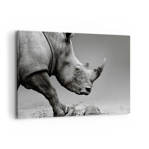 Impression sur toile - Image sur toile - Portrait d'un rhinocéros sur fond de désert gris - 120x80cm - Force inarrêtable - Décoration murale moderne pour le salon et la chambre ARTTOR
