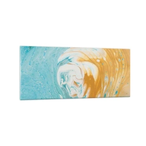 Impression sur verre - Image sur verre - Vagues abstraites dans des tons de bleu et d'or sur toile - 120x50cm - Tourbillon pastel - Décoration murale moderne pour le salon et la chambre ARTTOR