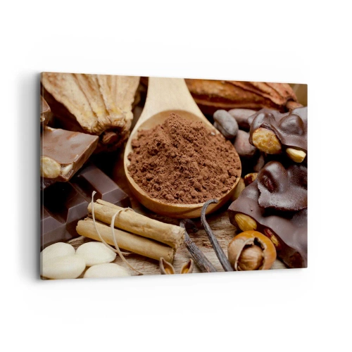Impression sur toile - Image sur toile - Une cuillerée d'ingrédients à base de cacao et de chocolat dans un arrangement rustique - 120x80cm - La meilleure pour les chagrins - Décoration murale moderne pour le salon et la chambre ARTTOR